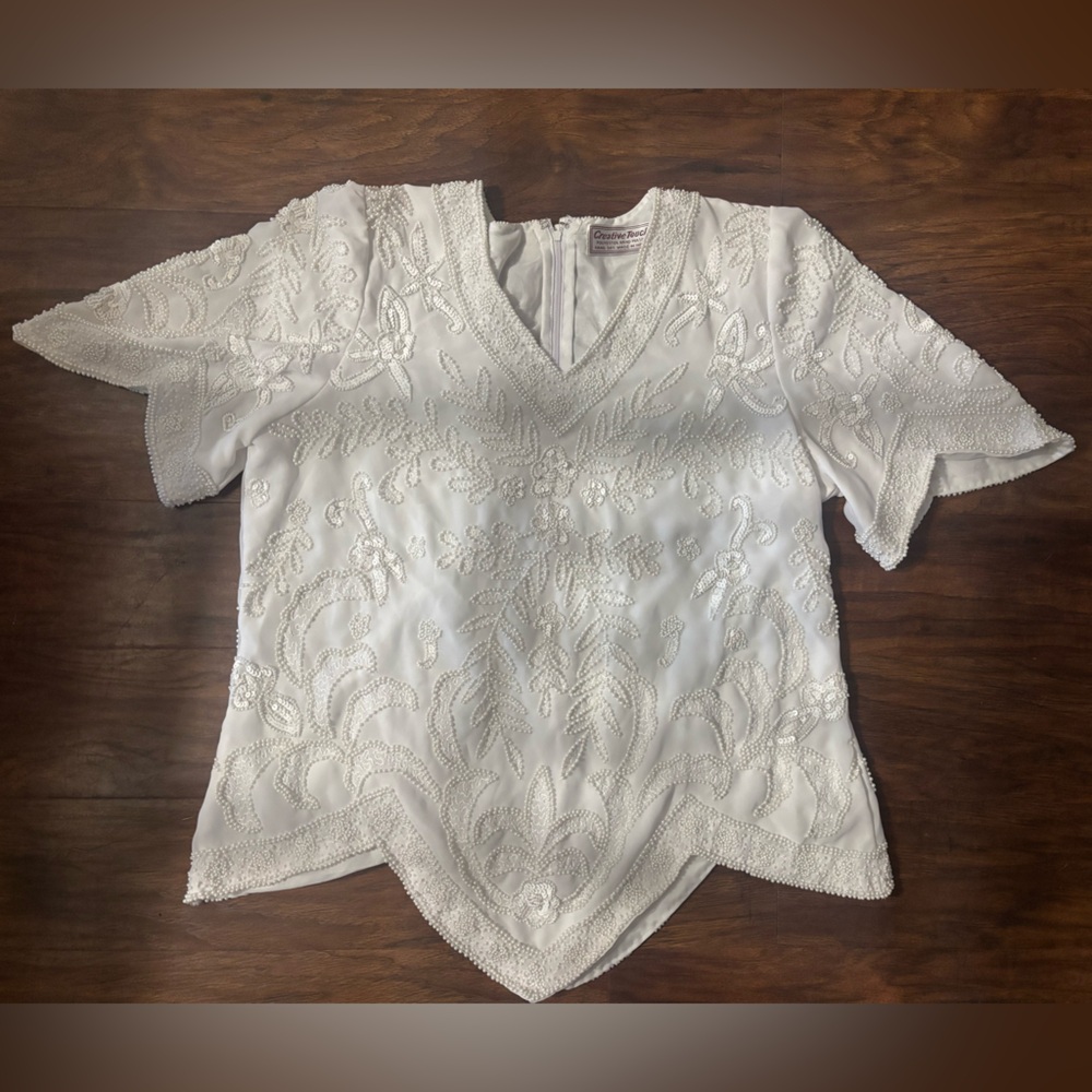 Vintage Creative Touch Elegant Beaded White Top